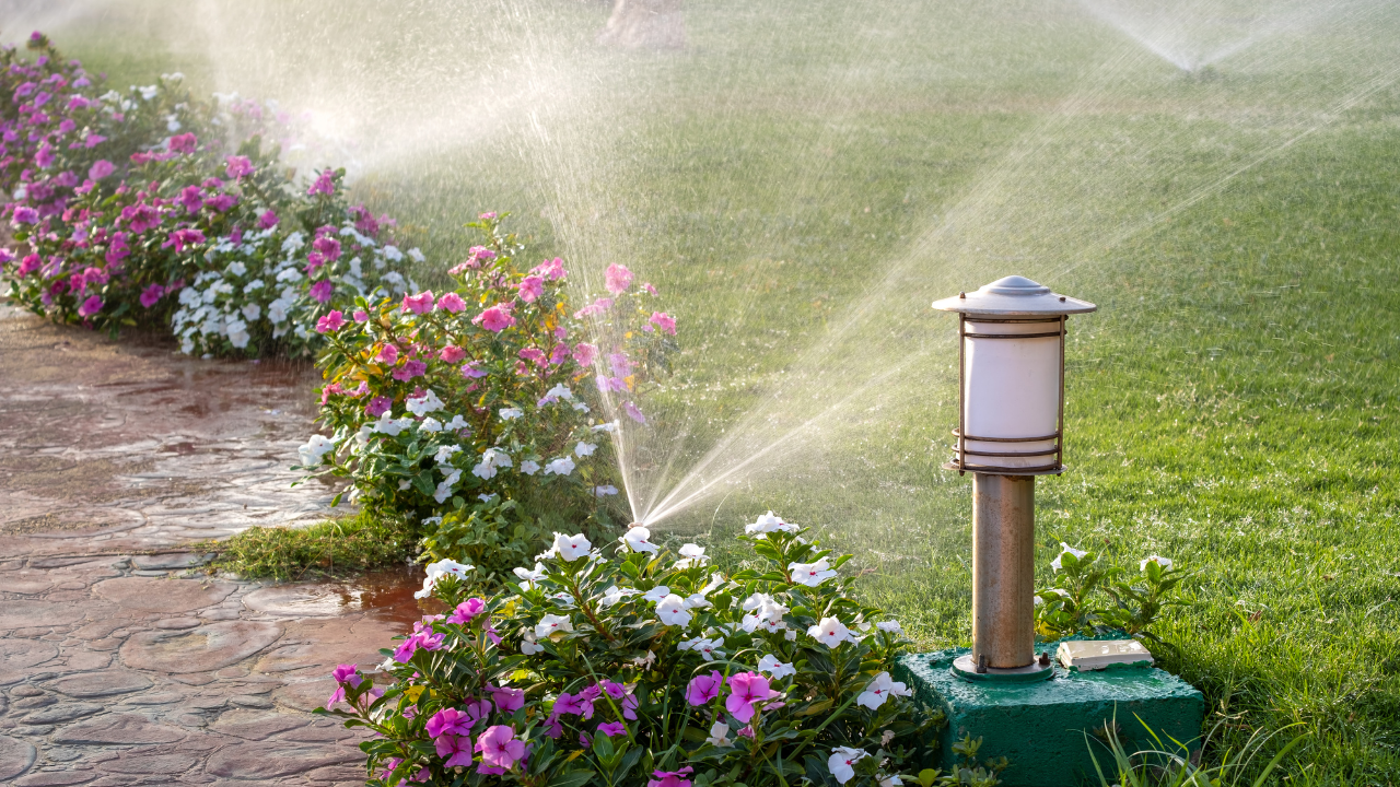 Stock image of a walkway with annuals and lighting with a sprinkler on