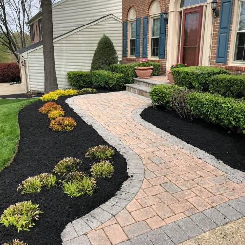 View of a recently mulched garden bed near a stone walkway